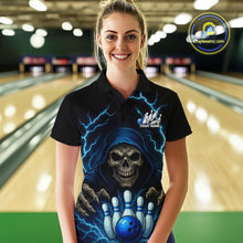 Load image into Gallery viewer, Black and Blue Lightning Thunder Reaper Skull Women Bowling Shirts Custom Bowling Team League Jersey NQS10728