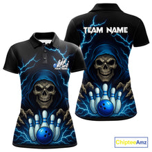 Load image into Gallery viewer, Black and Blue Lightning Thunder Reaper Skull Women Bowling Shirts Custom Bowling Team League Jersey NQS10728