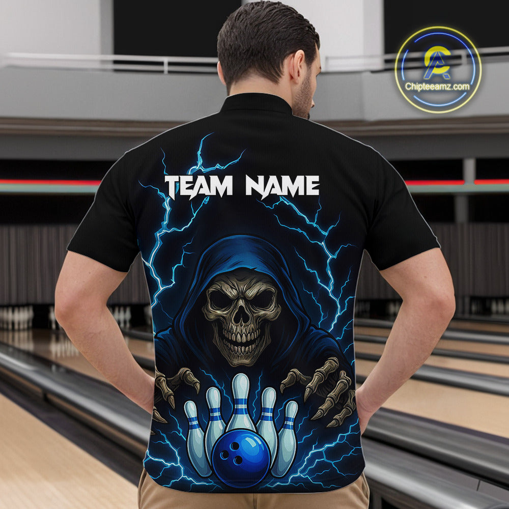 Black and Blue Lightning Thunder Reaper Skull Bowling Shirt For Men Custom Bowling Team League Jersey NQS10728