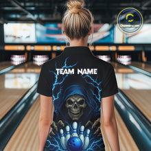 Load image into Gallery viewer, Black and Blue Lightning Thunder Reaper Skull Women Bowling Shirts Custom Bowling Team League Jersey NQS10728