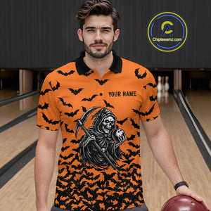 Black and Orange Bats Halloween Skull Reaper Bowling Shirts For Men Custom Bowling Team Jerseys NQS10755