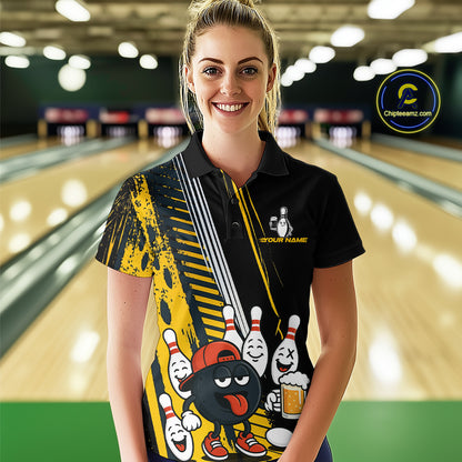 Custom Black and Yellow Funny Bowling And Beer Team Bowling Shirts ladies, bowling outfits for women NQS10965