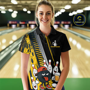 Custom Black and Yellow Funny Bowling And Beer Team Bowling Shirts ladies, bowling outfits for women NQS10965