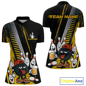 Custom Black and Yellow Funny Bowling And Beer Team Bowling Shirts ladies, bowling outfits for women NQS10965