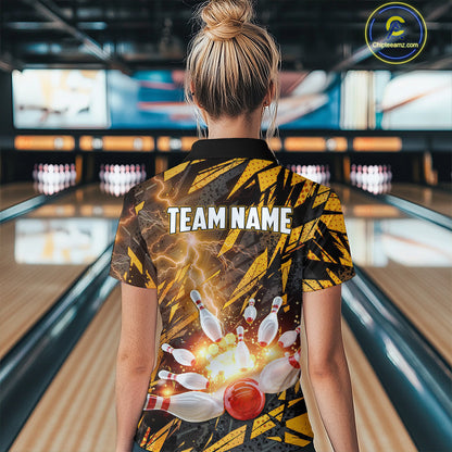 Black and Yellow Camo Lightning Thunder Bowling Shirts For Women Custom Bowling Team Jerseys NQS11153