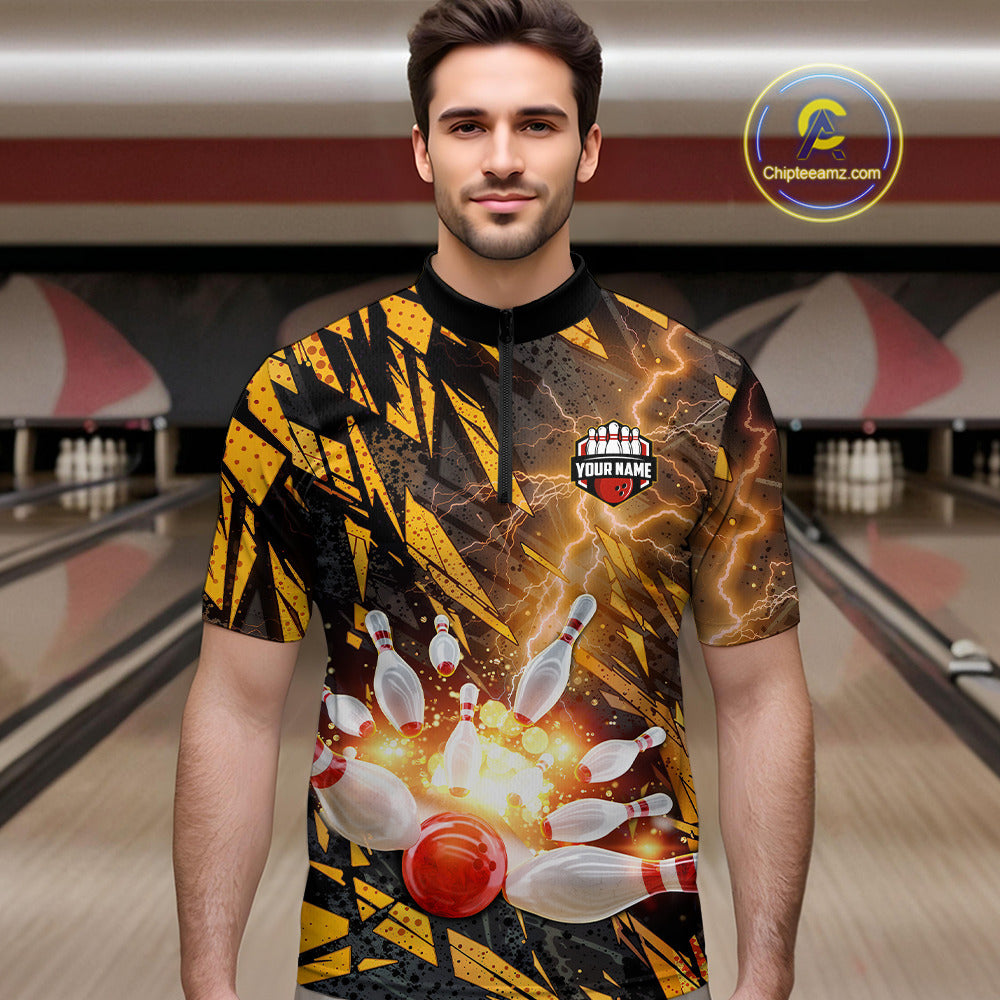 Black and Yellow Camo Lightning Thunder Bowling Shirts For Men Custom Bowling Team Jerseys NQS11153