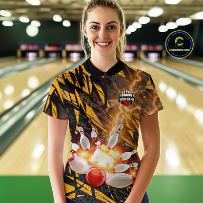 Black and Yellow Camo Lightning Thunder Bowling Shirts For Women Custom Bowling Team Jerseys NQS11153