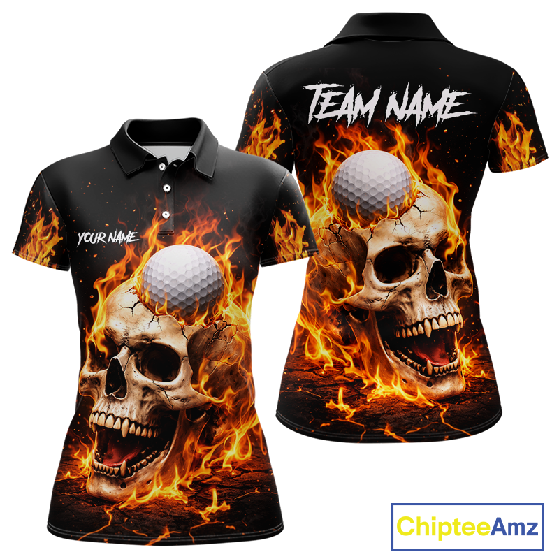 Flame Skull Golf Polo shirts for Women custom Skull Fire team golf shirts, golf gifts for ladies NQS11576