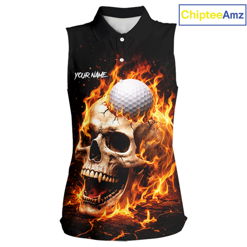 Flame Skull Sleeveless Golf Polo shirt custom Skull Fire team golf shirts, golf gifts for ladies NQS11576