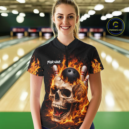 Flame Skull Bowling Polo, 1/4 zip shirts for Women custom Skull team Bowling uniforms league jerseys NQS11577