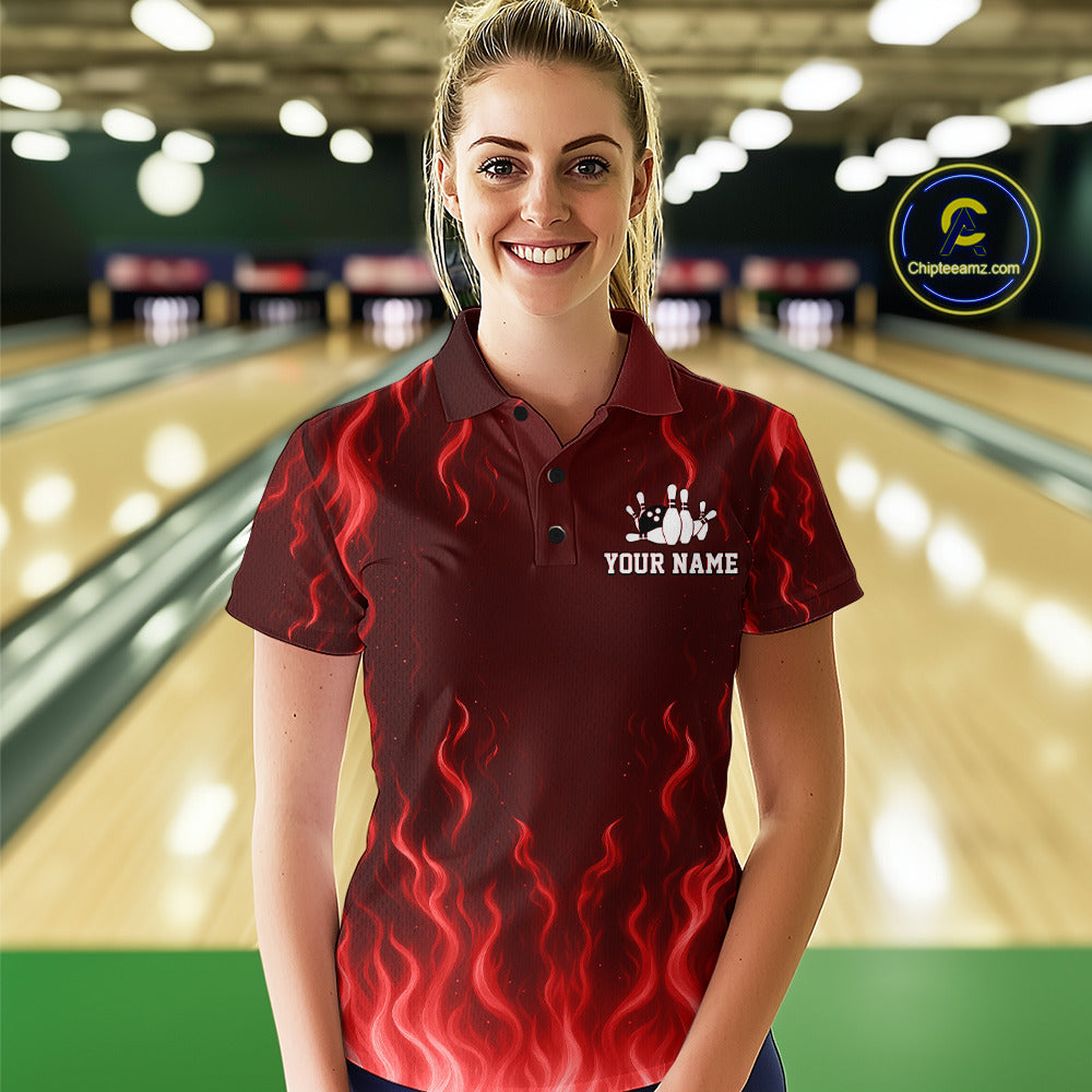 Red flame lightning thunder Bowling polo, quarter zip shirts for Women custom Bowling team jerseys NQS10979