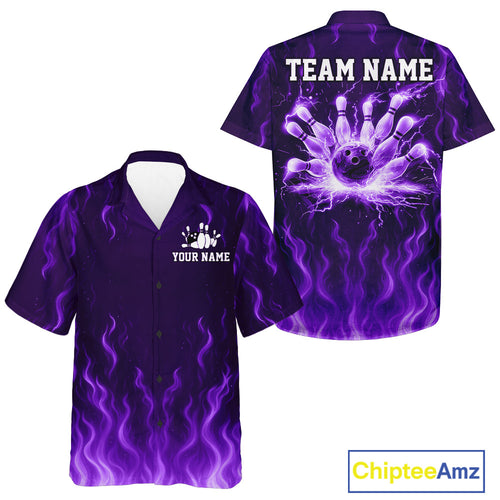 Purple flame lightning thunder Hawaiian Bowling jerseys custom Bowling team button up shirt NQS10980