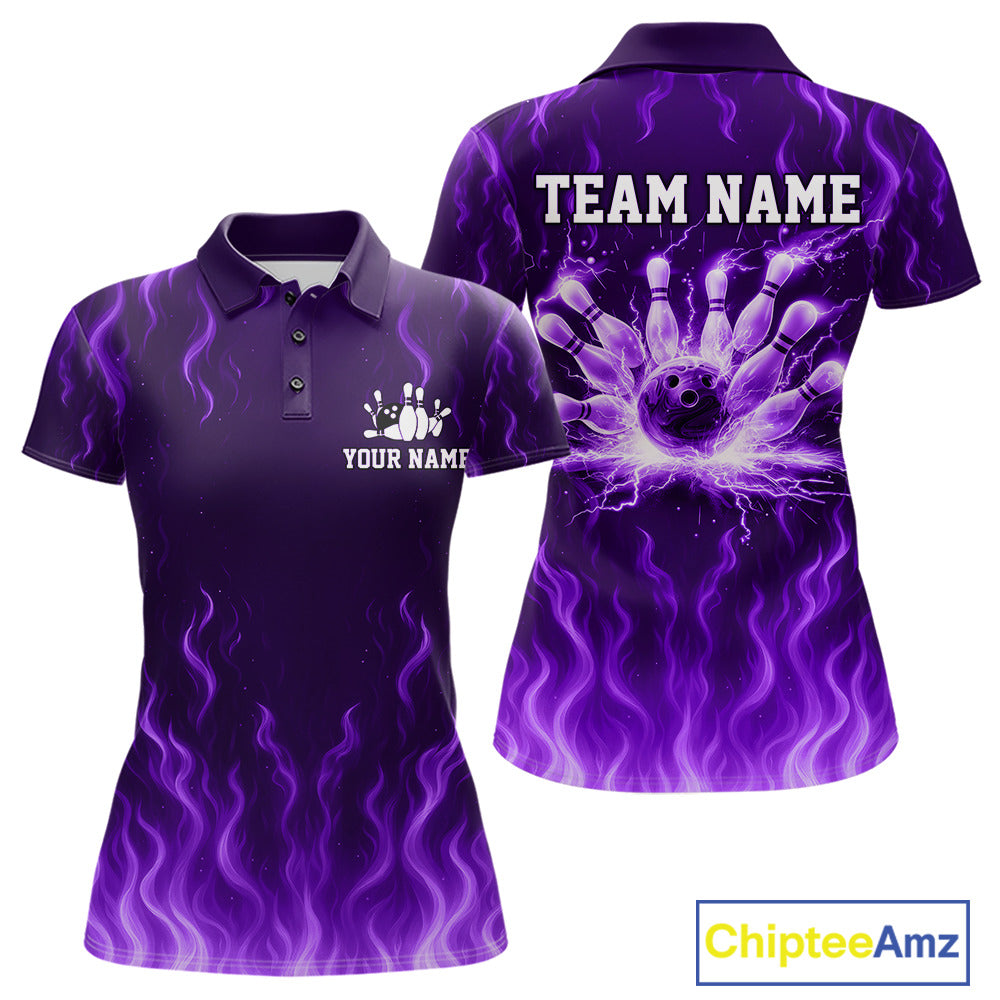 Purple flame lightning thunder Bowling polo, quarter zip shirts for Women custom Bowling team jerseys NQS10980