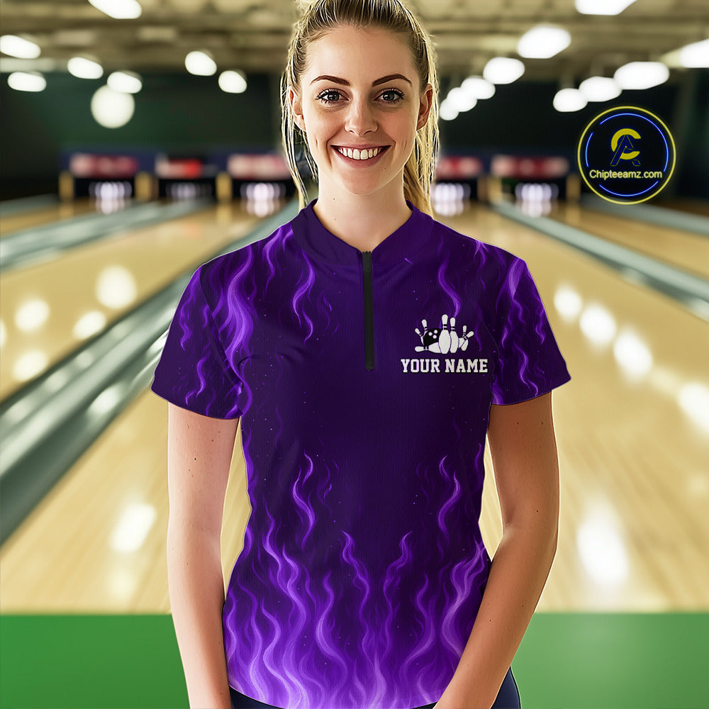 Purple flame lightning thunder Bowling polo, quarter zip shirts for Women custom Bowling team jerseys NQS10980