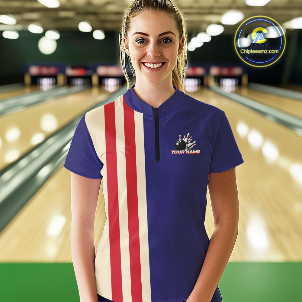 Red, White and Blue Retro Bowling Shirts For Women custom patriotic bowling outfits team jerseys NQS11167