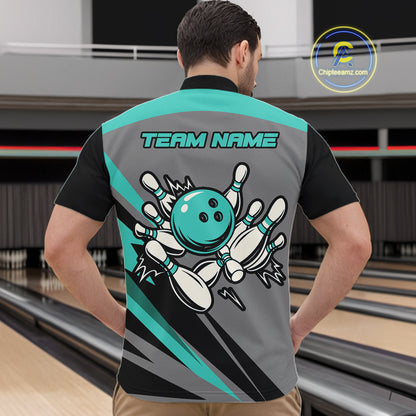 Personalized Gray and Turquoise Bowling Team Shirts For Men Custom Bowling Polo, Quarter Zip Shirts NQS10822