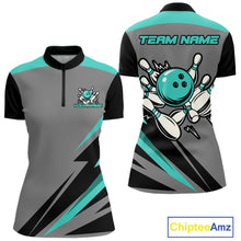 Load image into Gallery viewer, Personalized Gray and Turquoise Bowling Team Shirts For Women Custom Bowling Polo, Quarter Zip Shirts NQS10822