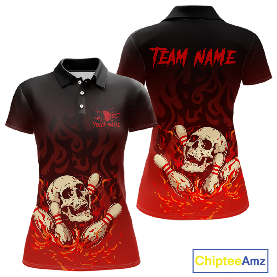 Red Skull Bowling Shirts With Flames custom quarter zip, polo team jerseys, bowling jerseys Women NQS10998