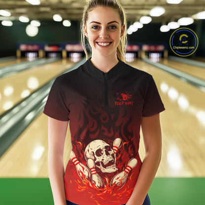 Red Skull Bowling Shirts With Flames custom quarter zip, polo team jerseys, bowling jerseys Women NQS10998
