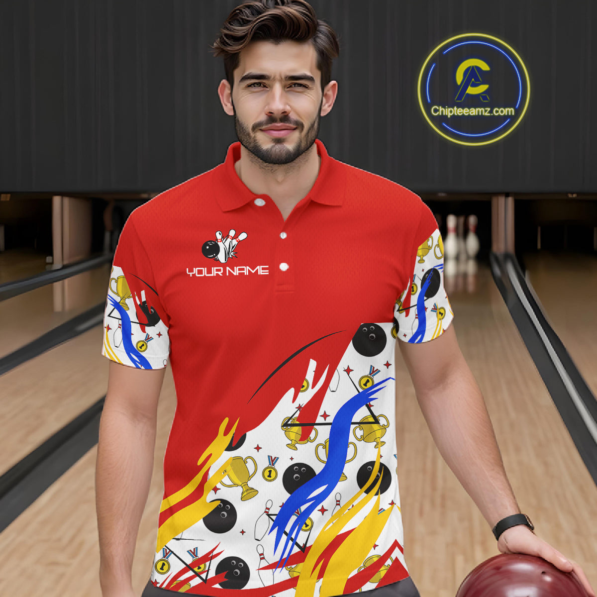 Red Bowling pattern Bowling Team Polo, Quarter Zip Shirt For Men Custom Mens Bowling Jersey NQS10825