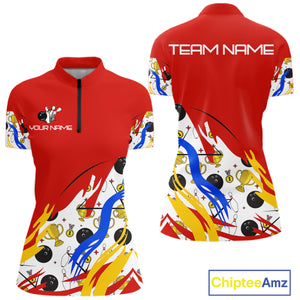 Red Bowling pattern Bowling Team Polo, Quarter Zip Shirt For Women Custom Ladies Bowling Jersey NQS10825