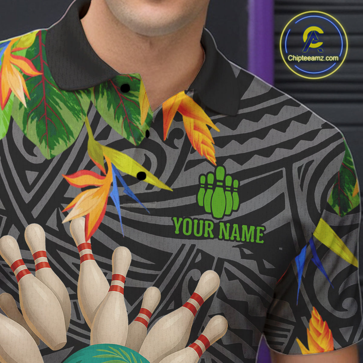Green tropical flower tribal pattern Bowling Shirts For Men Custom Bowling Team Jersey Bowlers Outfit NQS11005