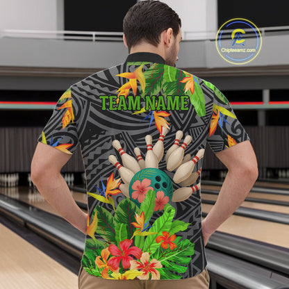 Green tropical flower tribal pattern Bowling Shirts For Men Custom Bowling Team Jersey Bowlers Outfit NQS11005