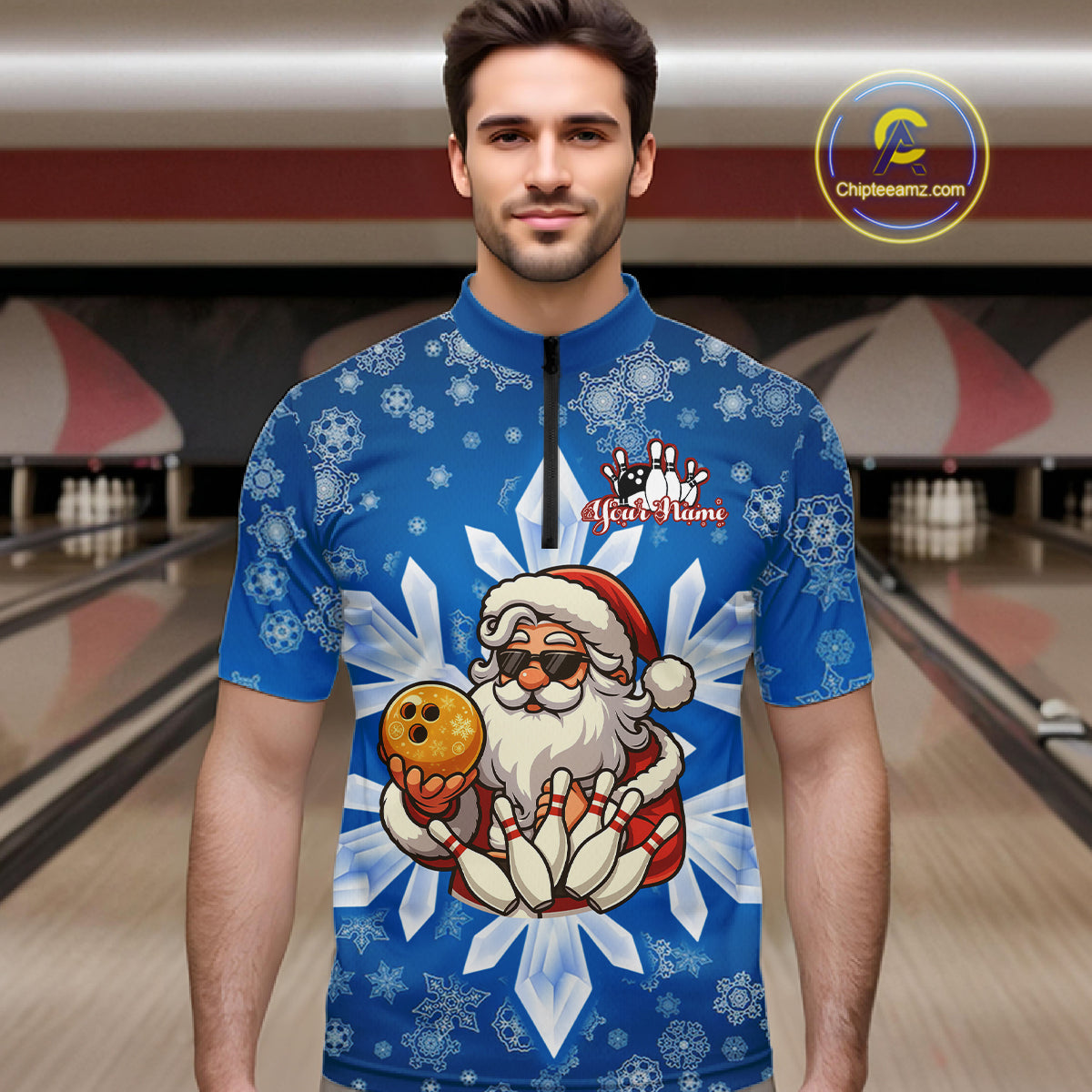 Blue Snowflake Funny Santa Bowling Shirts For Men Custom Christmas Bowling Team Jersey Xmas Gifts NQS11007