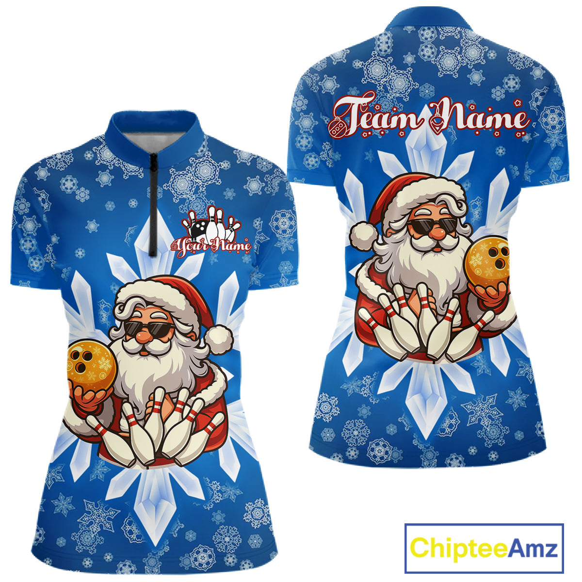 Blue Snowflake Funny Santa Bowling Shirts For Women Custom Christmas Bowling Team Jersey Xmas Gifts NQS11007