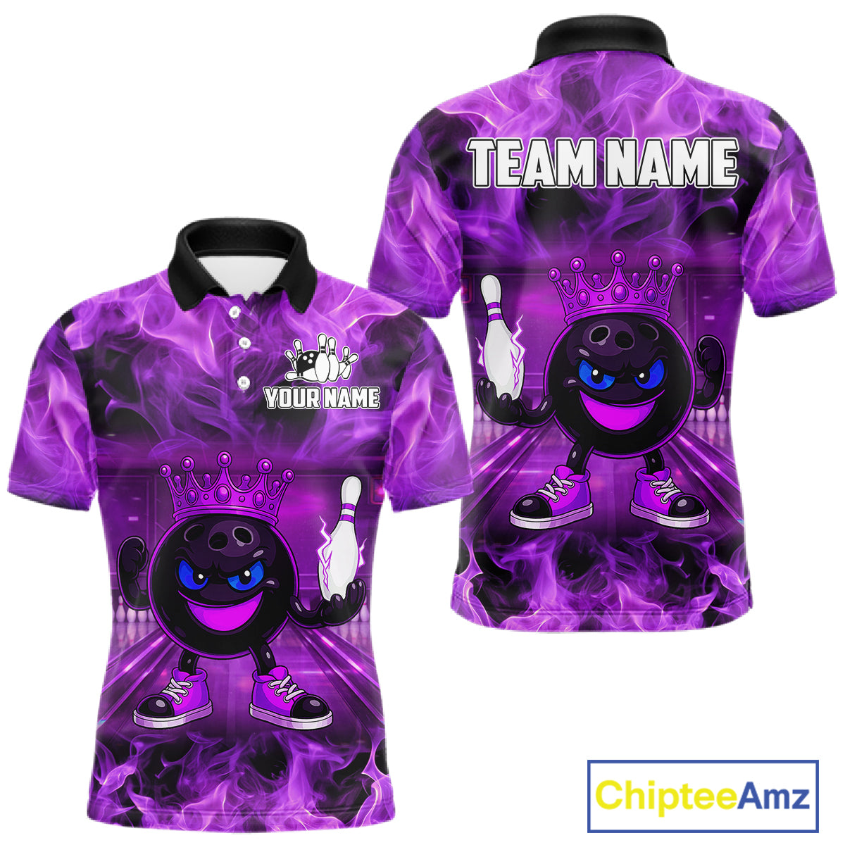 Funny Crown Bowling Purple Flame Bowling Polo, Quarter Zip Shirt For Men Custom Bowling Team Jersey NQS11721