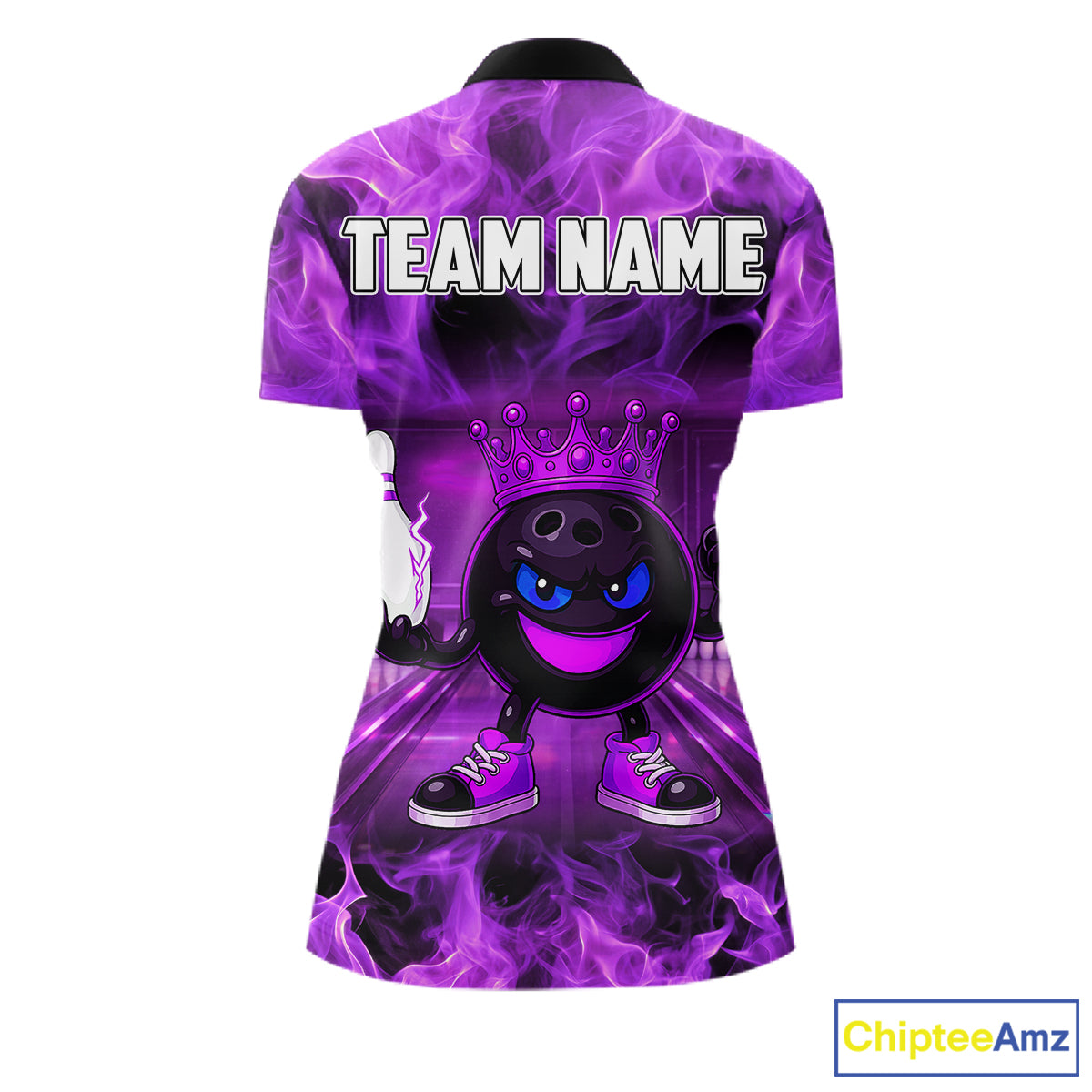 Funny Crown Bowling Purple Flame Bowling Polo, Quarter Zip Shirt For Women Custom Bowling Team Jersey NQS11721