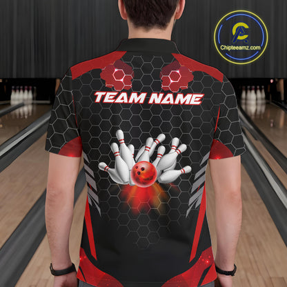 Black and Red Hexagon pattern Bowling Shirts For Men custom bowling team jersey with name NQS11020