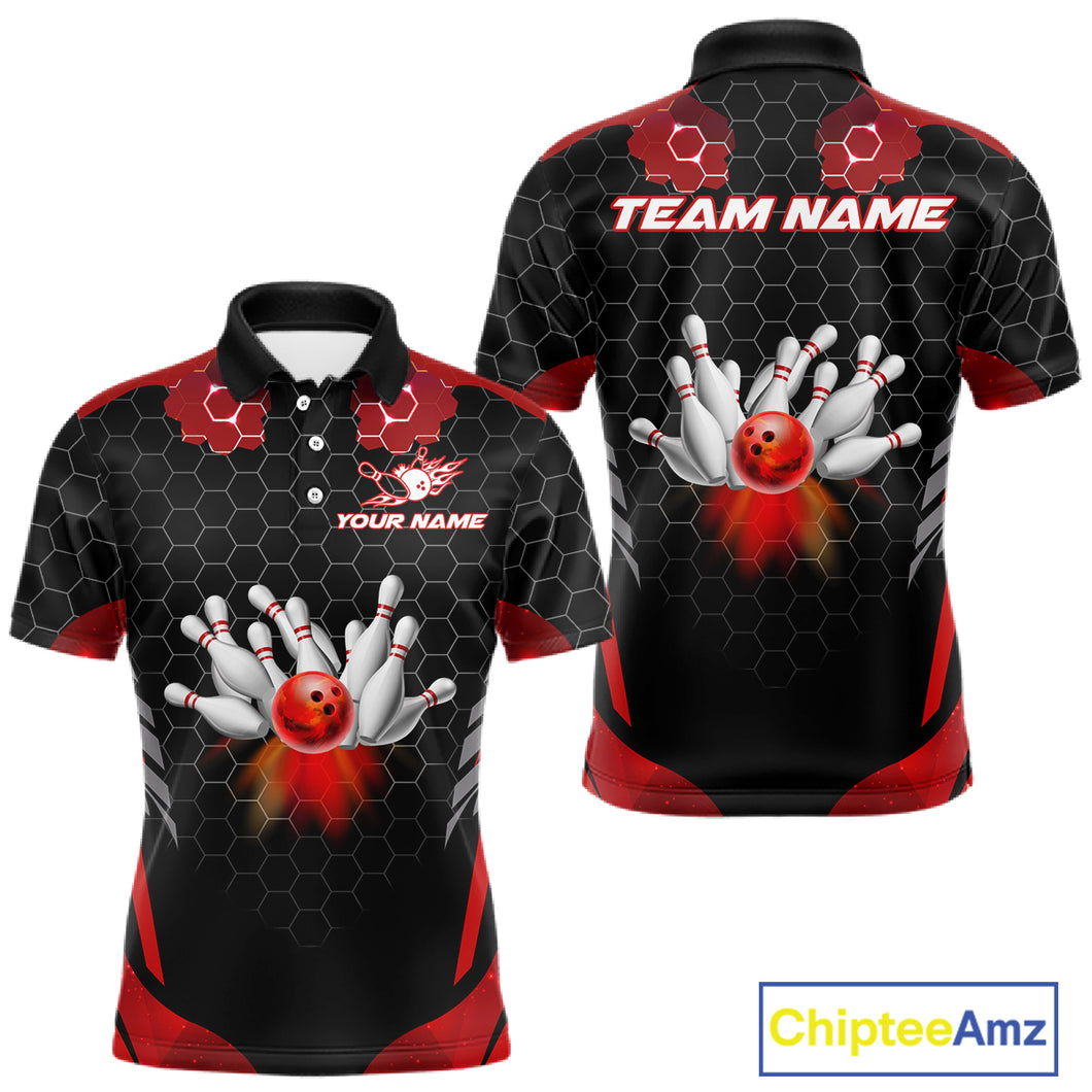 Black and Red Hexagon pattern Bowling Shirts For Men custom bowling team jersey with name NQS11020