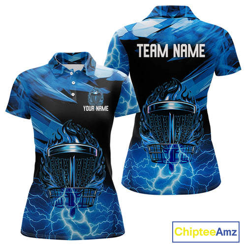 Black and Blue Flame Lightning Thunder Disc golf polo shirts For Women Custom Ladies disc golf attire NQS10846