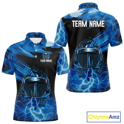 Black and Blue Flame Lightning Thunder Disc golf polo shirts For men Custom Mens disc golf attire NQS10846