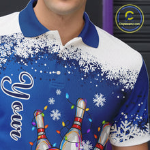 Load image into Gallery viewer, Blue and White snowflake Christmas Bowling Shirts For Men custom Xmas bowling team jersey with name NQS11026