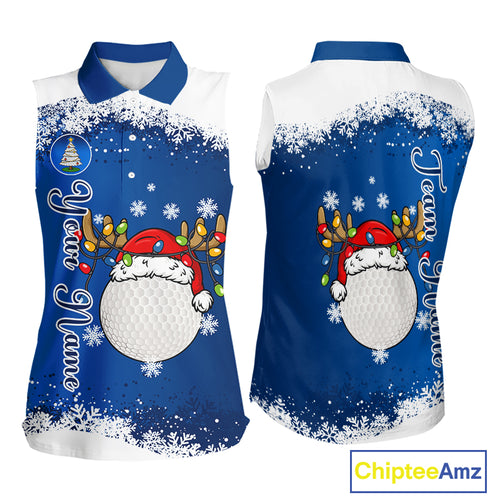 Blue and White Christmas Women Sleeveless Golf Polo shirts Custom ladies golf tops, Xmas golf gifts NQS11027