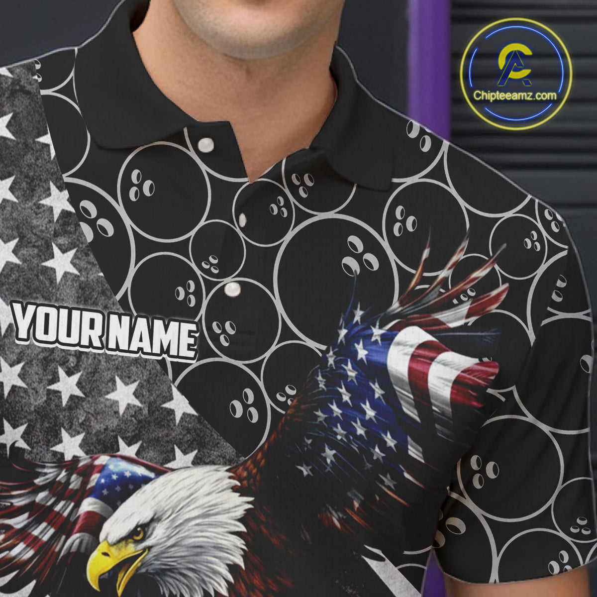 Black and White American flag Eagle Bowling shirt for men custom Patriotic Bowling Team League Jersey NQS11424