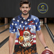 Load image into Gallery viewer, Custom American Flag Flame Funny Santa Christmas Bowling Shirts For Men, Bowling Team Jersey NQS11040