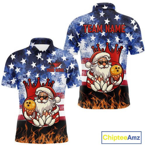 Custom American Flag Flame Funny Santa Christmas Bowling Shirts For Men, Bowling Team Jersey NQS11040