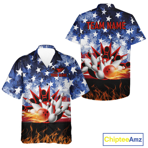 Custom American Flag Flame Hawaiian Bowling shirt, Patriotic Bowling Team Jersey NQS11041