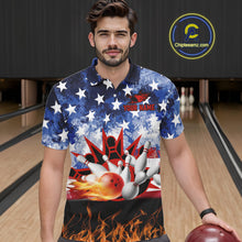 Load image into Gallery viewer, Custom American Flag Flame Bowling Polo, Quarter Zip Shirts For Men, Patriotic Bowling Team Jersey NQS11041