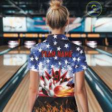 Load image into Gallery viewer, Custom American Flag Flame Bowling Polo, Quarter Zip Shirts For Women, Patriotic Bowling Team Jersey NQS11041