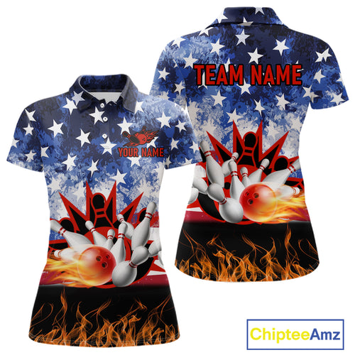 Custom American Flag Flame Bowling Polo, Quarter Zip Shirts For Women, Patriotic Bowling Team Jersey NQS11041