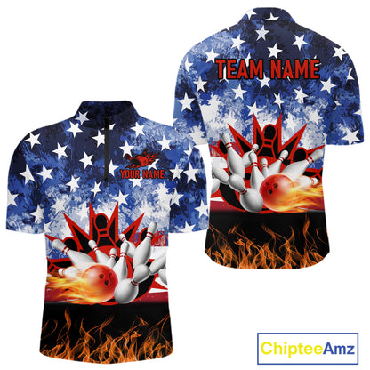 Custom American Flag Flame Bowling Polo, Quarter Zip Shirts For Men, Patriotic Bowling Team Jersey NQS11041