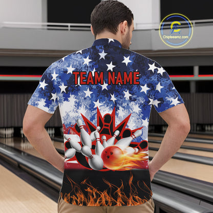 Custom American Flag Flame Bowling Polo, Quarter Zip Shirts For Men, Patriotic Bowling Team Jersey NQS11041