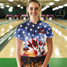 Load image into Gallery viewer, Custom American Flag Flame Bowling Polo, Quarter Zip Shirts For Women, Patriotic Bowling Team Jersey NQS11041