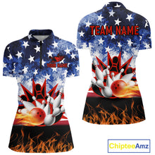 Load image into Gallery viewer, Custom American Flag Flame Bowling Polo, Quarter Zip Shirts For Women, Patriotic Bowling Team Jersey NQS11041