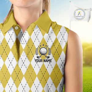 Yellow argyle pattern Beer Women Sleeveless Polo Shirt Custom My drinking team has a golfing problem NQS10863