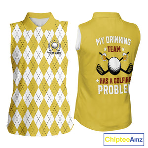 Yellow argyle pattern Beer Women Sleeveless Polo Shirt Custom My drinking team has a golfing problem NQS10863
